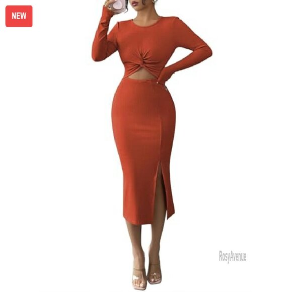 Long Sleeve Midi Dress Bodycon Ribbed Knit Twist Front Cutout - Picture 2 of 8